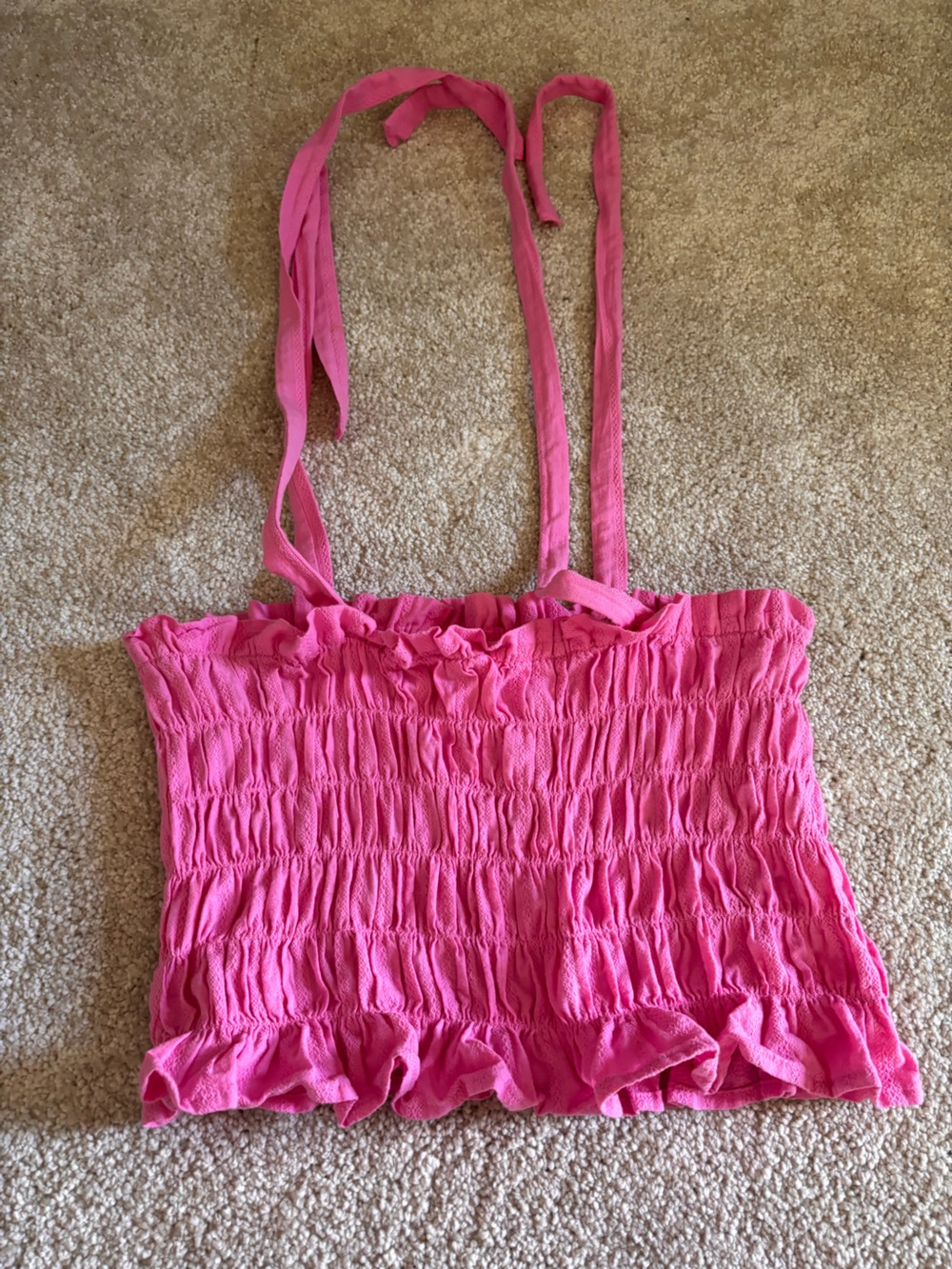 A.N.A. Pink Smocked Tie Strap Crop Top 100% Cotton Ruffle Cami Size M